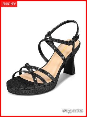 PIZZ ANNU Women's Stellora Platform High Heels Chunky Strappy Rhinestone Ankle